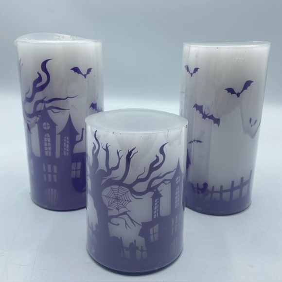 Halloween Flameless Candles Set of 3 Battery Operated Purple LED Bats Haunted - Picture 1 of 5